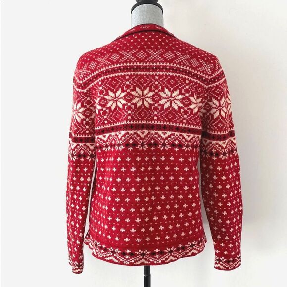 L.L. Bean Nordic Fair Isle Chunky Knit Metal Button Heavy Cardigan Red Sz L - Picture 3 of 11